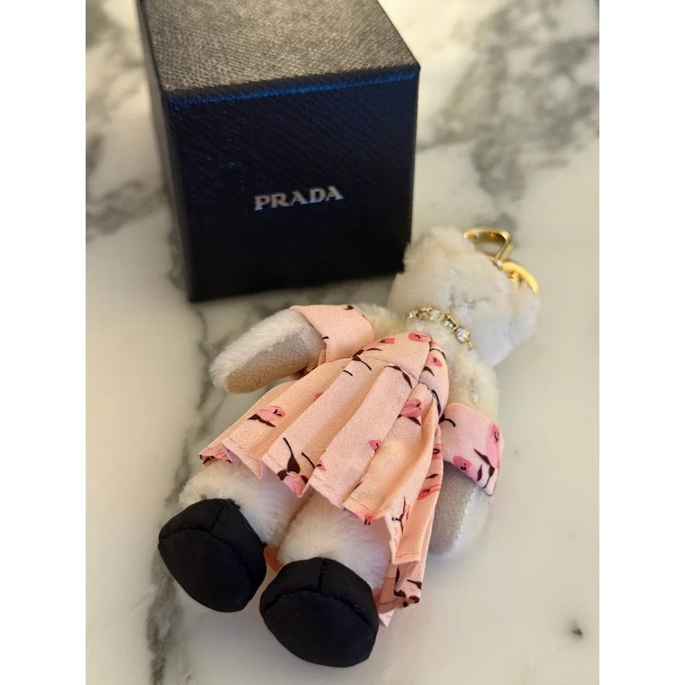 Prada Trick Orsetto Mary Rose Bear Keychain Charm Bianco Pink Floral 1TR046